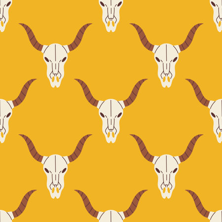 Vector western seamless pattern with cow skull. Buffalo skull on yellow background. Wild west concept.のイラスト素材