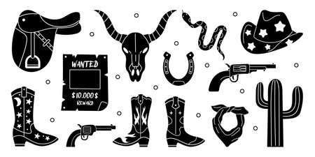 Vector western silhouette set. Retro collection of cowboy boots, hat, gun, cactus, horseshoe, cow skull, saddle. Wild west and Texas concept. Cowboy elements in black and white colors.のイラスト素材