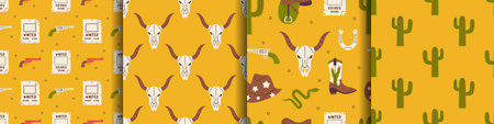Vector set of western seamless patterns. Backgrounds with cowboy boots, hat, gun, cactus, horseshoe, cow skull, saddle, wanted poster and snake. Wild west pattern collection.のイラスト素材