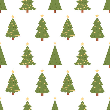 Vector seamless pattern with christmas trees. Fir trees with garlands and balls on white background. New Year and Christmas wrapping design.のイラスト素材