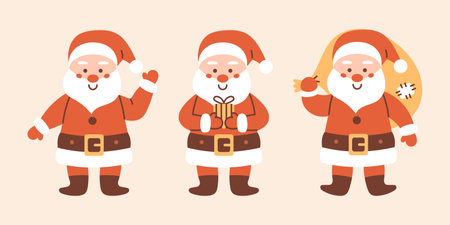 Vector set of smiling Santa Claus characters. Christmas and New Year collection. Funny cartoon character in red hat.のイラスト素材