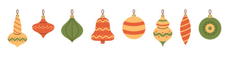 Vector set of various Christmas baubles and balls in red, green and yellow colors. Collection of Christmas ornaments and decorations in flat design. New Year and Christmas long illustration.のイラスト素材