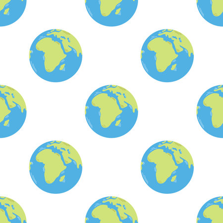 Vector seamless pattern with earth globe in green and blue colors. Planet Earth on white background. Ecology design.のイラスト素材