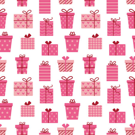 Vector Valentines day seamless pattern with gift boxes. Holiday pink presents on white background. Print with Birthday or Valentines day gifts. Wrapping and textile design.のイラスト素材
