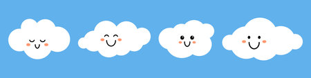 Vector set of kawaii white clouds with faces on blue background. Cute funny kids cloud collection in flat design. Childish elements.のイラスト素材