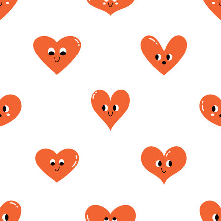 Vector valentines day seamless pattern with cute smiling hearts with faces. Love concept. Funny red heart characters on white background. Valentines day celebration.のイラスト素材