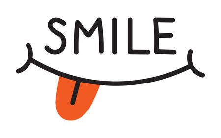 Vector smiling mouth sticker. Funny cute illustration with smile text. Sticker for planner. Poster and banner design element. Smiling mouth with tongue in flat design.のイラスト素材