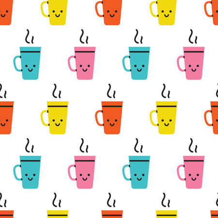 Vector seamless pattern with cute colorful cups of tea or coffee. Funny smiling cups or mugs with hot drink on white background. Wrapping design.のイラスト素材