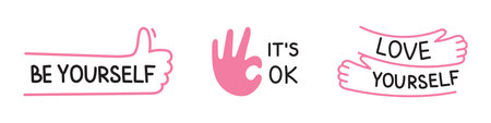 Vector cute sticker set with hands. Be yourself, its ok and love yourself phrases. Collection of pink flat illustrations with text.のイラスト素材
