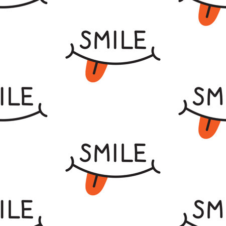 Vector seamless pattern with funny smiling mouths. Cute smile text and mouth with tongue on white background. Wrapping or wallpaper design.のイラスト素材