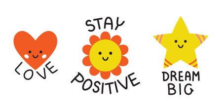 Vector motivational sticker set. Cute smiling heart, flower and star with positive phrases. Funny motivation stickers for planner. Clipart collection in flat design.のイラスト素材