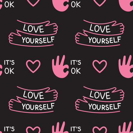 Vector seamless pattern with cute elements. Hugs and ok gesture. Love yourself concept. Hands and hearts on black background. Wrapping or wallpaper design.のイラスト素材