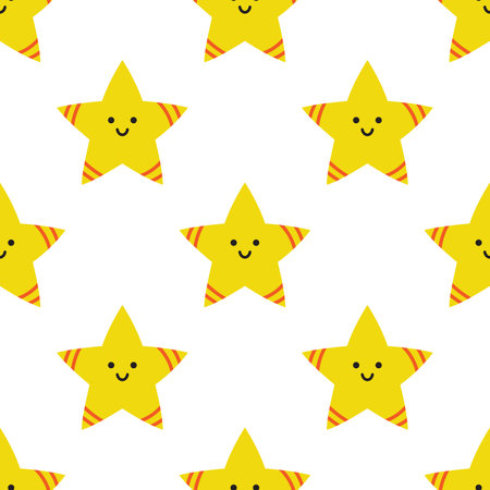 Vector seamless pattern with cute childish stars. Yellow smiling stars with face on white background. Funny baby stars. Wrapping or wallpaper design.のイラスト素材