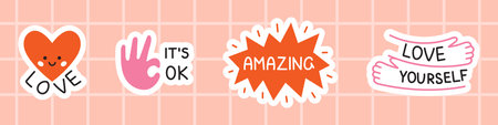 Vector motivational sticker pack. Cute set of red and pink stickers with inspirational phrases. Collection of love, amazing, its ok and love yourself text.のイラスト素材