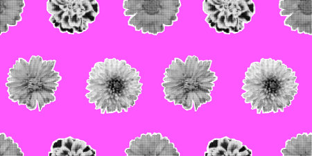 Vector seamless pattern with retro halftone flowers. Halftone collage floral print. Torn paper. Trendy pop art spring floral elements. Paper cutout flowers on pink background. Wrapping design.のイラスト素材