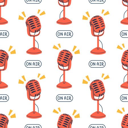 Vector podcast seamless pattern. Podcast recording and listening, broadcasting, radio. Red microphone on white background. On air pattern. Wrapping design.のイラスト素材