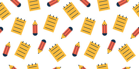 Vector seamless pattern with pencil and notepad. Back to school concept. School elements on white background. Education, learning and study. Take notes.のイラスト素材