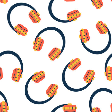 Vector seamless pattern with headphone or earphone. Listening music, radio. Red headphones on white background. Pattern with headset. Wrapping design.のイラスト素材