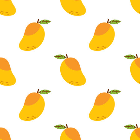 Vector seamless pattern with mango fruits. Summer tropical fruits on a white background. Wrapping or wallpaper design. Baby, kids, childish print with mango. Cute exotic summer food background.のイラスト素材