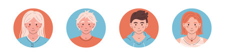 Vector set of people avatars in circles. Characters head portraits in flat design. Avatar Round Icon...