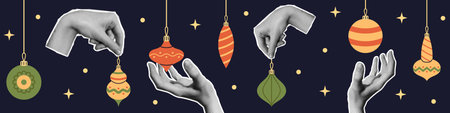 Vector halftone hands hold vintage baubles and decorations for Christmas tree. New Year celebration...