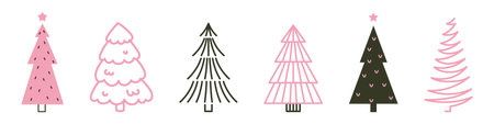 Vector abstract Christmas tree collection. Modern flat design with pink and black doodle elements. Trendy seasonal symbols for New Year celebrations. Isolated illustrations of spruce and fir trees.のイラスト素材