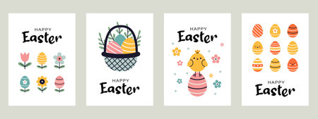 A colorful collection of easter greeting cards set. Perfect for festive invitations, postcards, party posters and banners, and spring celebrations. Easter eggs, chick and flowers.のイラスト素材