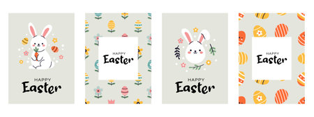 A cute collection of easter greeting cards in flat design. Set perfect for festive invitations, postcards, party posters and banners. Easter eggs, rabbits and bunnies, chick and flowers.のイラスト素材