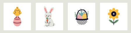 Vector cute set of easter illustration in flat design. Eggs, chick rabbits and bunnies elements. Collection of easter illustrations.のイラスト素材