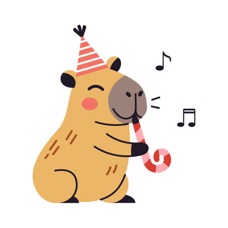 Funny capybara enjoying a festive birthday celebration. Vector design ideal for kids clip art, greeting cards, and cheerful decorations. Cute smiling capybara character.のイラスト素材