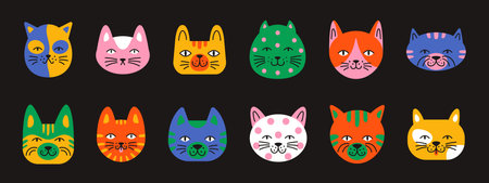 Vector colorful funny cat heads set flat design. Cute kitten cat avatars collection. Modern diverse domestic pet characters.のイラスト素材