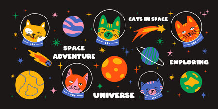 A colorful set of funny cats in space with the words space adventure, exploring, and universe. Playful and whimsical collection with cats wearing space suits. Kittens in space in flat design.のイラスト素材