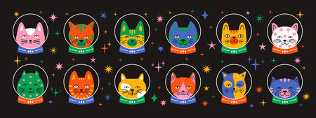 Vector colorful funny cat heads in space set flat design. Cute playful kitten cat astronaut collection. Modern cat characters wearing space suits.のイラスト素材
