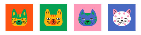 Trendy collection of funny feline faces with exaggerated expressions. Whimsical vector cat head card illustrations ideal for modern posters, banners, and social media avatars. Bright, childish charm.のイラスト素材