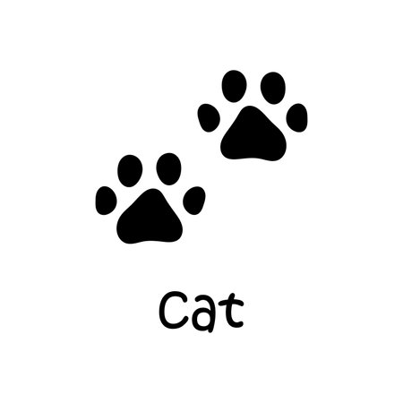 Vector paw trail of animal footprint card with text. Cat tracks clipart. Black silhouette illustration with word Cat.のイラスト素材