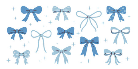 Vector cute bows and ribbons set. Bowties collection for boy in flat design. Various bow knots.のイラスト素材