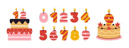 Vector set of cute burning numbers candles. Funny childish candlelights shaped like numbers and birthday cakes in flat design. Childish age year candles collection. Celebration party cakes.のイラスト素材