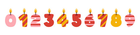 Vector burning birthday cake candles set. Collection of cute numbers candlelights in flat design. Funny baby candles shaped like numbers. Cute age year candles.のイラスト素材