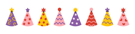 Vector colorful party hat set in flat cartoon style. Cute cone caps collections for birthday, celebration, or holiday design. Fun festive elements for greeting cards, clipart, or invitations.のイラスト素材