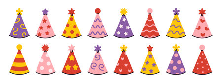 Vector colorful happy birthday party hats collection. Cute party caps set in flat design. Festive sticker elements. Funny set of birthday party cones.のイラスト素材