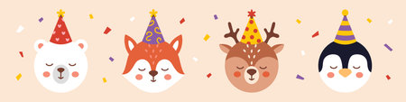 Cute cartoon animal faces set in party hats with confetti. Vector flat design collection for birthday celebration, baby shower, greeting cards, and festive decorations.のイラスト素材