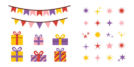 Vector flat collection of festive elements including flags, stars and gifts. Cute cartoon doodle set for celebration design decoration greeting or holiday clipart.のイラスト素材