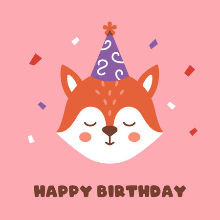 Adorable cartoon fox in party hat with confetti and happy birthday lettering. Flat vector poster or greeting card for celebration or children party themes.のイラスト素材