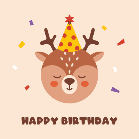Cute baby deer in festive party hat with confetti and happy birthday message. Flat vector cartoon greeting card or poster for holiday or celebration themes.のイラスト素材