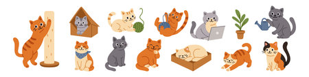 Vector set of cute cats. Funny cartoon kittens in different poses. Different happy adorable cats in flat design. Sticker and clipart collection.のイラスト素材