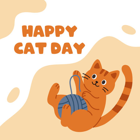 Vector illustration of playful cat with yarn and text Happy Cat Day. Cute red kitten in flat design for celebration cards and posters.のイラスト素材