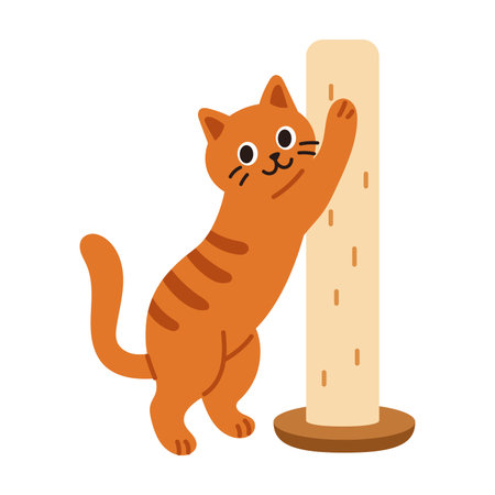 Funny vector illustration of orange cat with scratching post. Cute cat playing with post in flat style. Cartoon pet character in vector isolated on white. Scratching post and cat.のイラスト素材