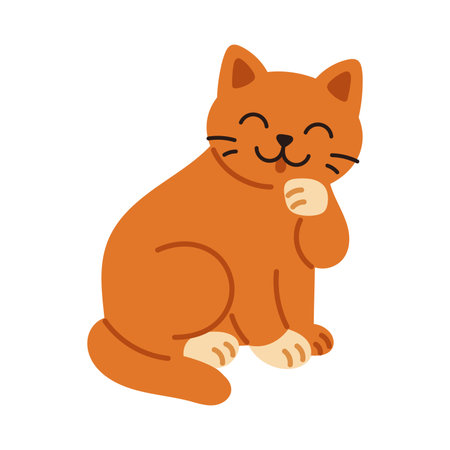 Vector illustration of red cat sitting and smiling. Happy cat sitting and licking paw. Cute kitten clipart.のイラスト素材