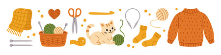 Vector cute knitting themed collection with playful kitten, cozy sweater, yarn balls, knitting tools. Illustration perfect for craft related designs, autumn vibes. Set of knitting elements.のイラスト素材