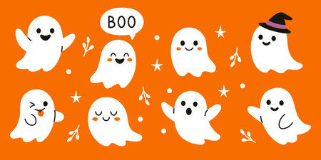 Set of cute and funny halloween ghost characters on orange background. Adorable phantoms with different emotions, witch hat, and Boo speech bubble. Festive spooky ghosts and spirits in flat design.のイラスト素材